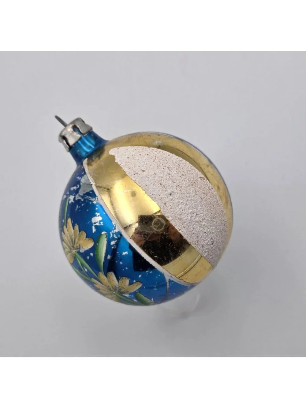 Vintage Poland Glass Ornament Ball Floral Blue Gold Christmas 2.5